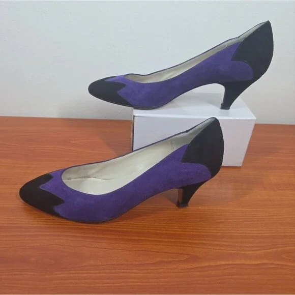 Siamanto Vintage Black & Purple Pumps Sz 6 EUC 80s Quirky Dynasty Almond Toe - Picture 5 of 11
